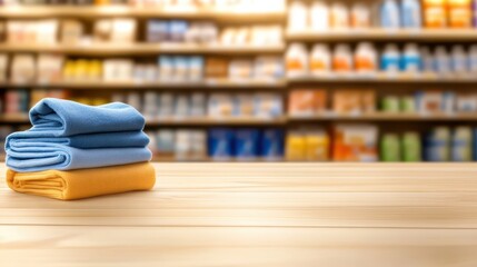 Stack of fresh towels on table in the department store, festive celebration of retail 