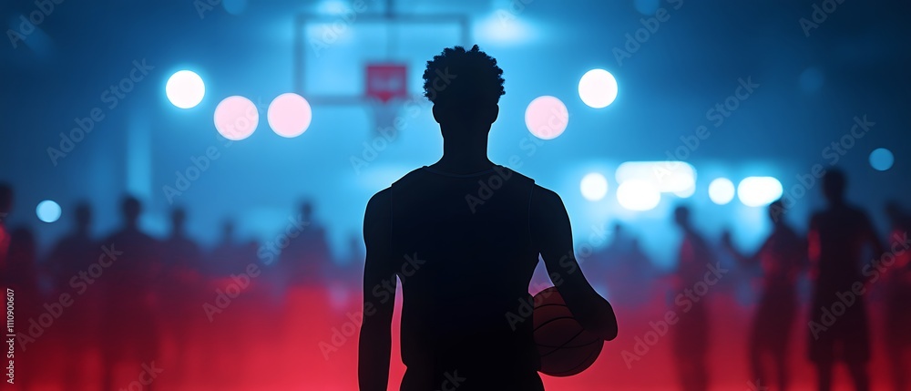 Poster silhouette of a basketball player holding a ball against a dramatic background of colorful lights an