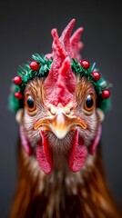 A festive rooster with a colorful wreath on its head, showcasing its vibrant features and personality.