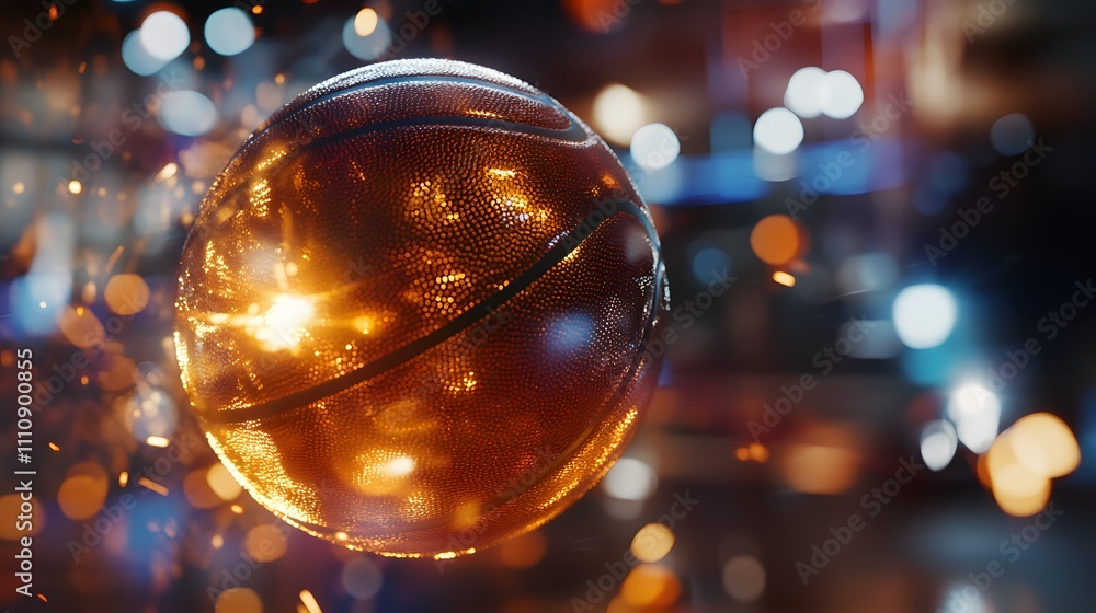 Poster Dynamic Shot of a Basketball in Motion with Glowing Sparks and Vibrant Bokeh Background, Capturing the Energetic Essence of Sports and Competition