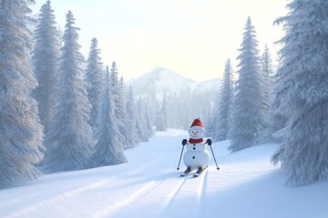 Joyful snowman skiing through a winter wonderland, surrounded by majestic evergreen trees under a soft winter light