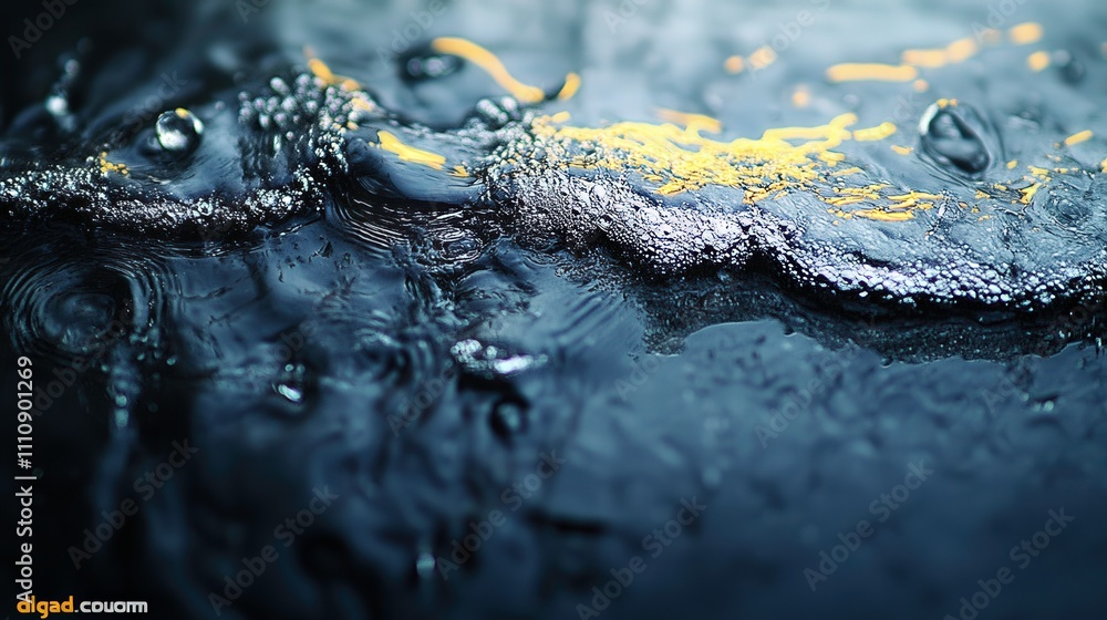 Poster Close-Up View of Bubbles and Water Surface with Shimmering Reflections in a Dark Setting, Highlighting Fluid Movement and Texture in Nature's Elements