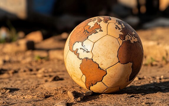 A worn soccer ball with a world map design rests on a dirt surface, symbolizing play and global unity through sports.