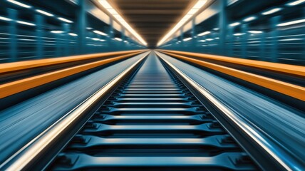 conveyor belt in airport concepts. Railway tracks extending into the distance, showcasing perspective and modern design elements.