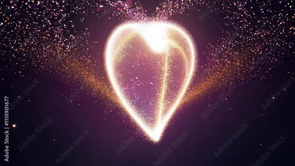 Poster glittering heart animation creating a dazzling display of colors and particles. concept of romance, 