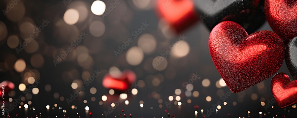 Poster a close-up of sparkling red hearts against a dark background, creating a romantic and festive atmosp