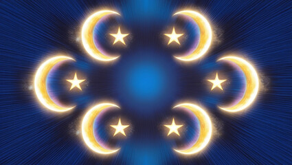 Golden crescent moons with a star on a dark blue background, an atmosphere of night and mystery