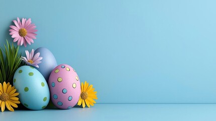 A photostock of colorful Easter eggs on a pastel blue background, surrounded by decorative flowers and spring-themed elements. High Quality