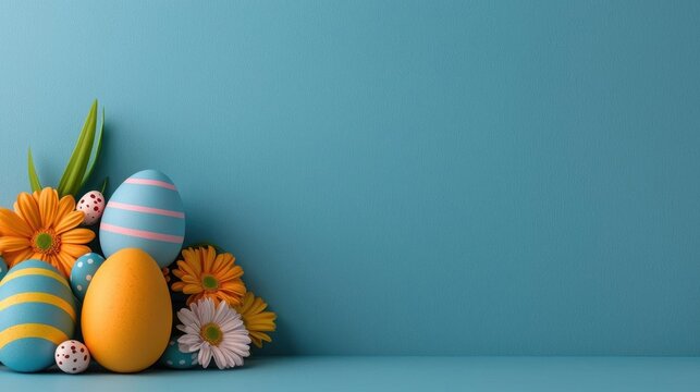 A photostock of colorful Easter eggs on a pastel blue background, surrounded by decorative flowers and spring-themed elements. High Quality