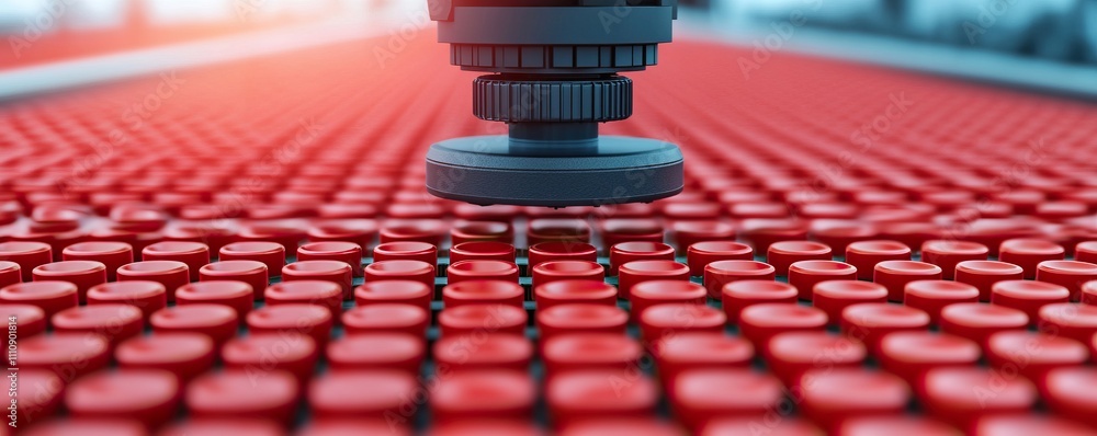 Poster a close-up view of a robotic arm working on a vibrant red surface, showcasing precision in a manufac