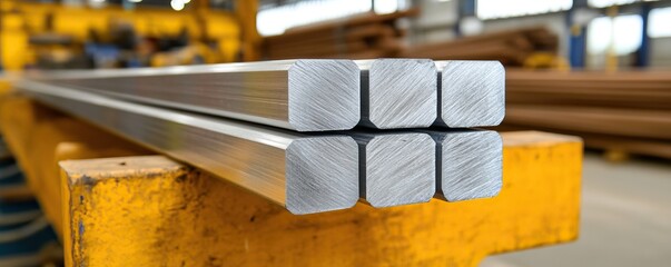 The image features a stack of rectangular metal bars, showcasing their shiny surface and industrial setting, resting on a yellow surface.