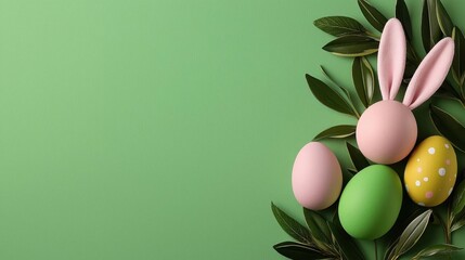 A photostock of colorful painted Easter eggs and bunny ears on a pastel green background, styled with playful decor. High Quality