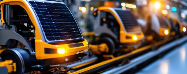 Modern solar-powered vehicles lined up on a factory assembly line, showcasing advanced technology and sustainable transport solutions.