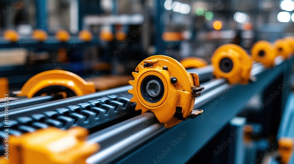 Poster a close-up of industrial machinery showcasing yellow rollers on a conveyor system, emphasizing preci