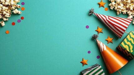 Obraz premium A photostock of colorful party hats, confetti, and striped popcorn boxes arranged on a festive green background for a birthday celebration. High Quality
