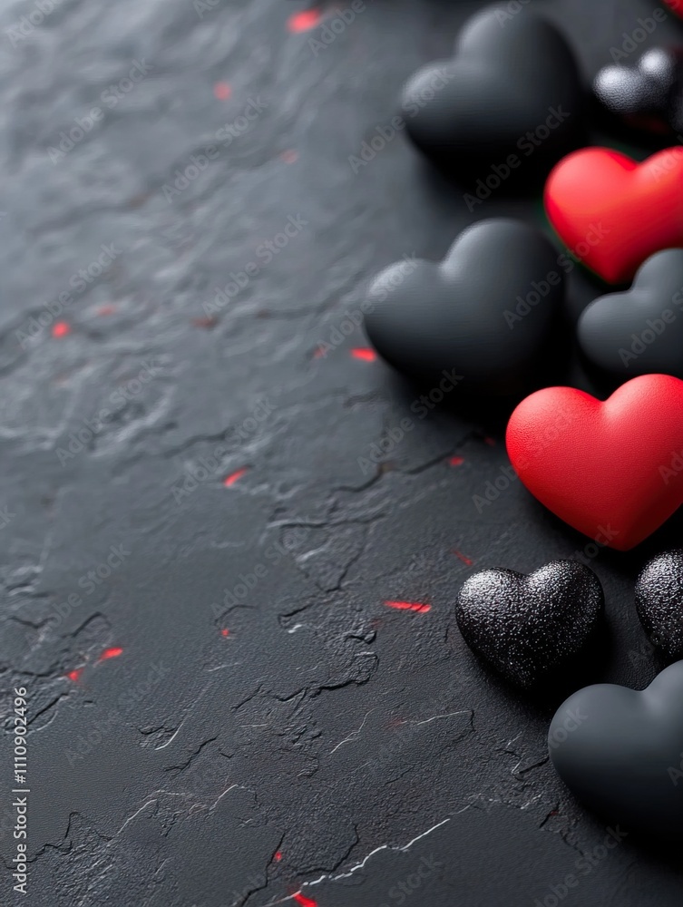 Poster A collection of red and black heart-shaped stones arranged on a textured black surface, creating a romantic and artistic display.