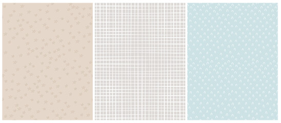 Cute Seamless Childish Vector Patterns. Abstract Hand Drawn Doodle Print. Brown Stars, White Grid and Arcs on a Beige, Pastel Blue and Light Gray Background. Simple Irregular Geometric Pattern. 