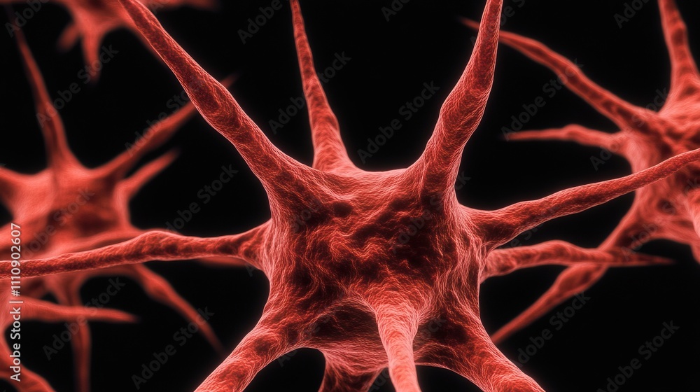 Poster a close-up view of red neurons showcasing their intricate structures and connections against a dark 