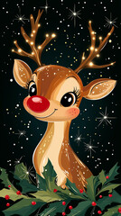 Fototapeta premium A reindeer with a glowing red nose, surrounded by twinkling stars and holly leaves, ñute vector illustration, greeting card, website banner