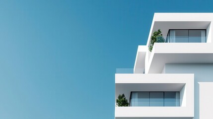 Sleek modern apartment, white exterior with balconies, 3D illustration