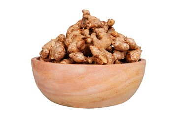 Ginger in the wooden bowl isolated transparent