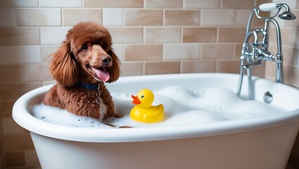 brown poodle happy in the bathroom,  brown poodle, bathroom, portrait, photography, , competition, pet photography, pet portrait, pet lover, dog owner, dog lover, pet parent, pet family, pet care, pet