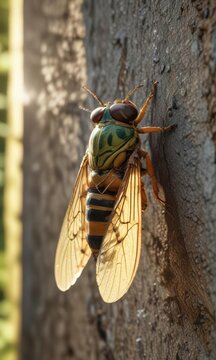 Cicada Cicadetta pellosoma in the summer sunlight , entomology, insect pictures, insect biology