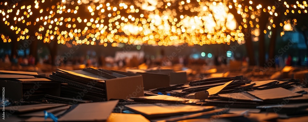 Poster a cozy scene featuring scattered cardboard boxes under twinkling lights, creating a warm and invitin