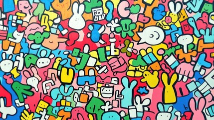 Vibrant Doodle Explosion: A Kaleidoscope of Colorful Characters and Shapes