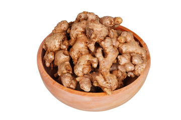 Ginger in the wooden bowl isolated transparent