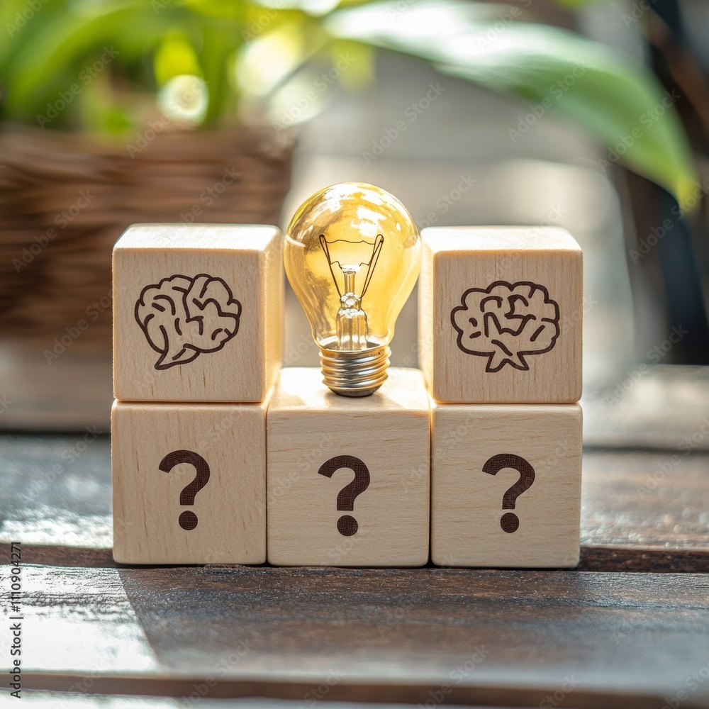Poster Conceptual of creative idea and innovation. Hand picked wooden cube block with head human symbol and light bulb icon and question mark symbol