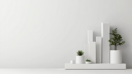 Minimalist white shopping district, geometric and clean, 3D illustration