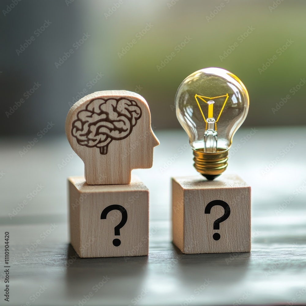 Poster Conceptual of creative idea and innovation. Hand picked wooden cube block with head human symbol and light bulb icon and question mark symbol