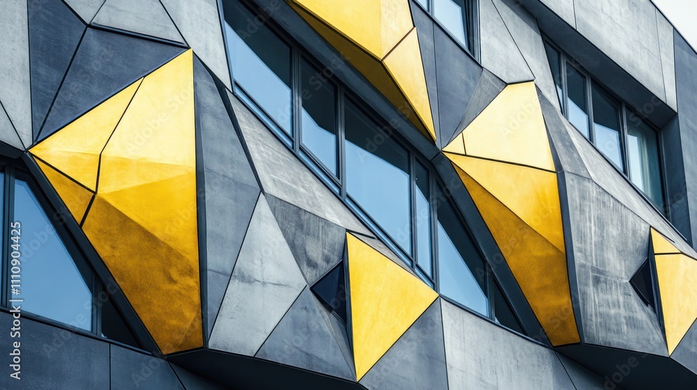 Poster geometric facade of modern building with gold and gray triangular panels and windows.