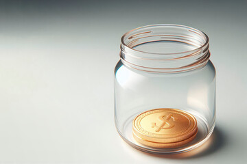 A gold coin in a glass jar. Space for text.