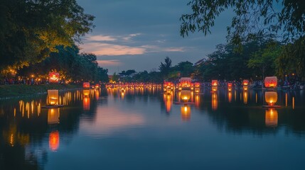 The reflection of glowing and paper lanterns on a calm river, capturing the beauty and serenity of Krathong