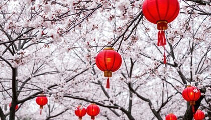 Red lanterns hanging on blossoming cherry trees.