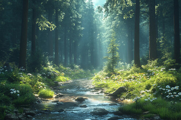Obraz premium Sunlit Stream Flows Through A Lush Forest