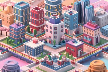 Fototapeta premium Top city view on map with street road and building. Aerial town highway landscape with district overview near river. Topography navigation outdoor isometric cityscape model with residential property 
