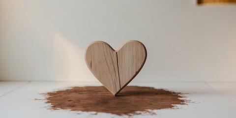 Wooden heart shape on rustic textured surface.