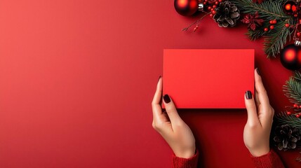 Obraz premium A photostock of hands holding a blank red card surrounded by festive Christmas decorations on a vibrant red background. High Quality