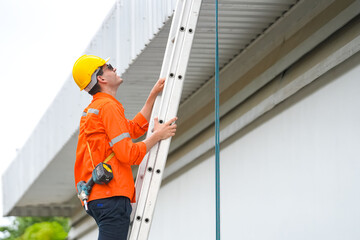 Renewable Energy Eco Technology Electric Power. Worker assemble energy system with solar panel for electricity.