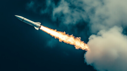 A missile is launching, streaking through a dark sky with flames and smoke.