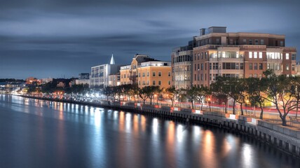Obraz premium Night View of Busy Waterfront Promenade with Glowing City Reflections