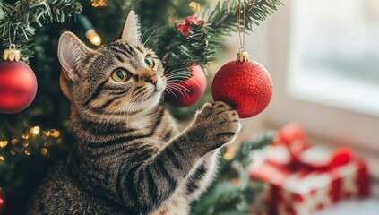 Obraz premium Cute Kitten Playing with Christmas Tree Decoration, Holding Red Ball on Top of Tree, Happy Tabby Near Decorated Trees at Home