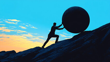 A businessman pushes a large rock up a steep hill at sunset.