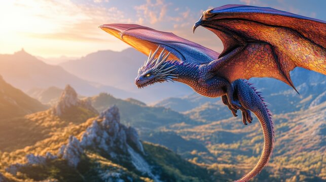 Majestic Dragon in Flight Over Mountains