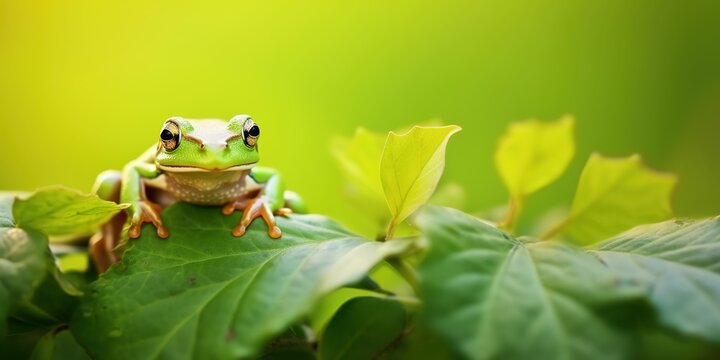 A green frog is sitting on a leaf - Powered by Adobe