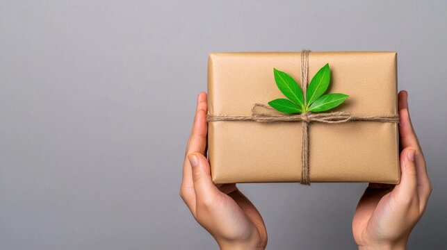 A photostock of hands presenting a neatly wrapped craft paper package tied with twine against a soft beige background. High Quality