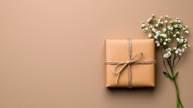 A photostock of hands presenting a neatly wrapped craft paper package tied with twine against a soft beige background. High Quality